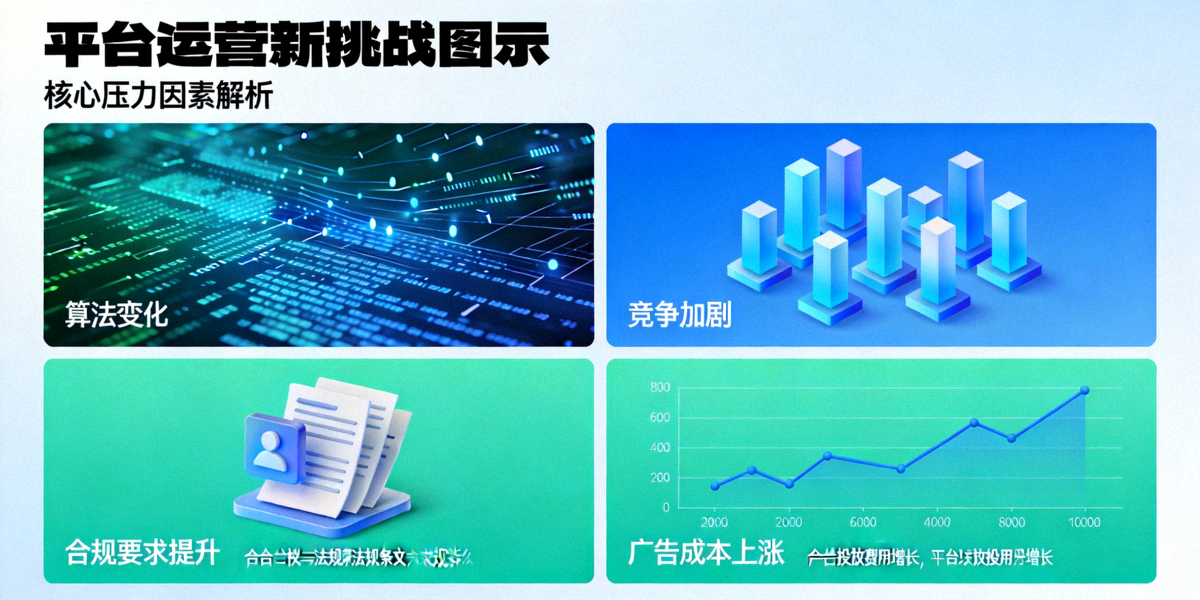 平台运营新挑战图示：展示算法变化、竞争加剧、合规要求提升、广告成本上涨等压力因素