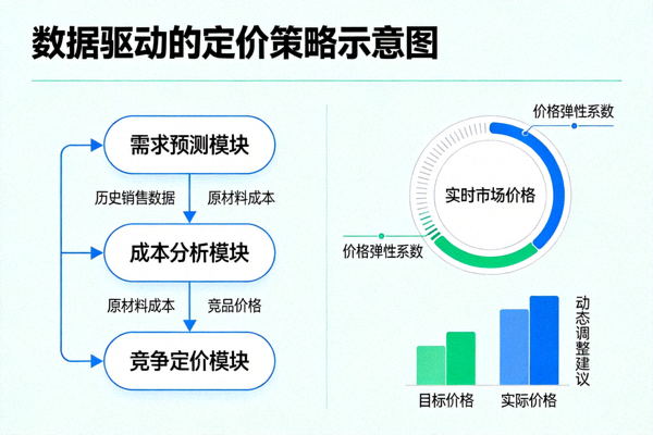 数据驱动的定价策略文章配图：动态定价模型与市场价格监控仪表盘示意图