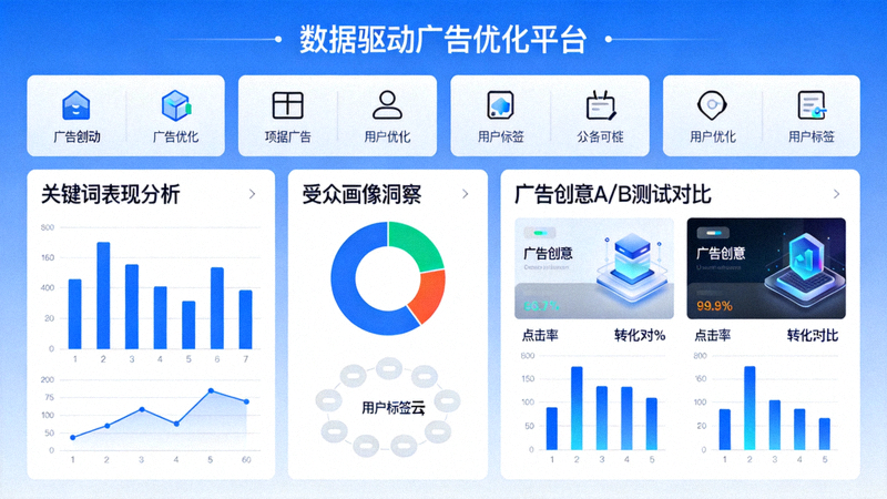 数据驱动的广告优化界面示意图，展示关键词表现、受众画像与广告创意A/B测试对比