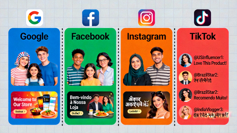本地化营销与推广示意图：描绘在Google、Facebook、Instagram、TikTok等平台上，针对不同地区受众投放的、使用当地语言和网红代言的个性化广告素材