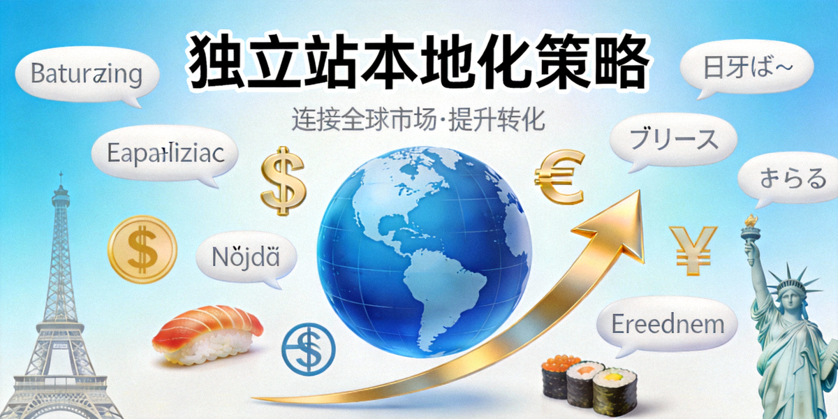 独立站本地化策略主题头图：展示地球仪被多种语言、货币符号、文化图标及向上的增长箭头所环绕，象征通过本地化连接全球市场并提升转化