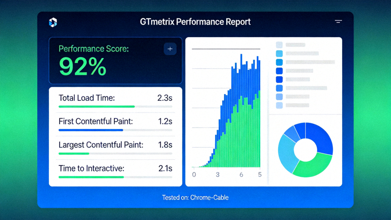 GTmetrix或PageSpeed Insights网站速度测试结果页面，显示加载时间、性能评分等指标