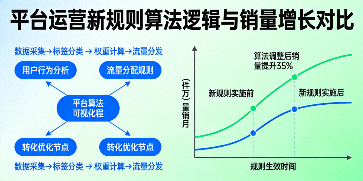 平台运营新规则解读文章主图：展示电商平台算法逻辑可视化图表与销量增长曲线对比图