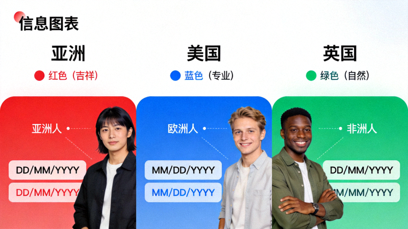 文化与设计适配示例图：展示不同国家网站首页的对比，包括颜色偏好（如亚洲喜红色表吉祥）、图片模特多样性、日期格式（MM/DD/YYYY vs DD/MM/YYYY）及符合当地审美的布局