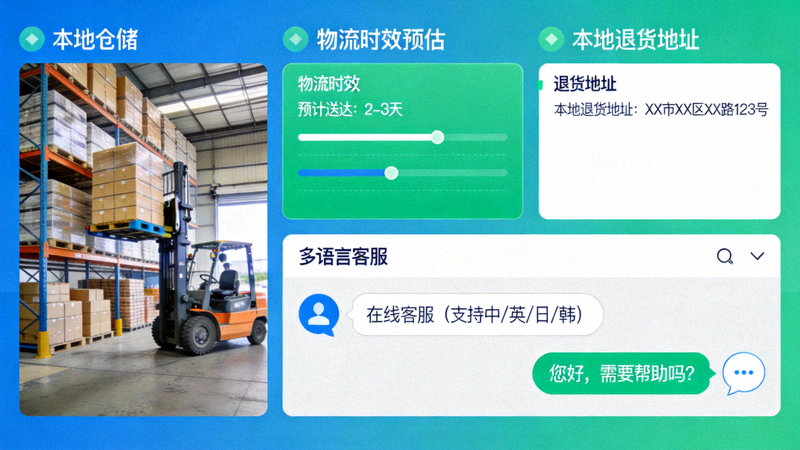 物流与客户服务本地化场景图：展示本地仓储、清晰的物流时效预估、本地退货地址以及提供多语言支持的在线客服聊天窗口