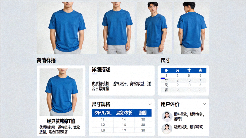 一个优化良好的独立站产品页面示例，包含高清轮播图、详细描述、尺寸图表、用户评价等模块